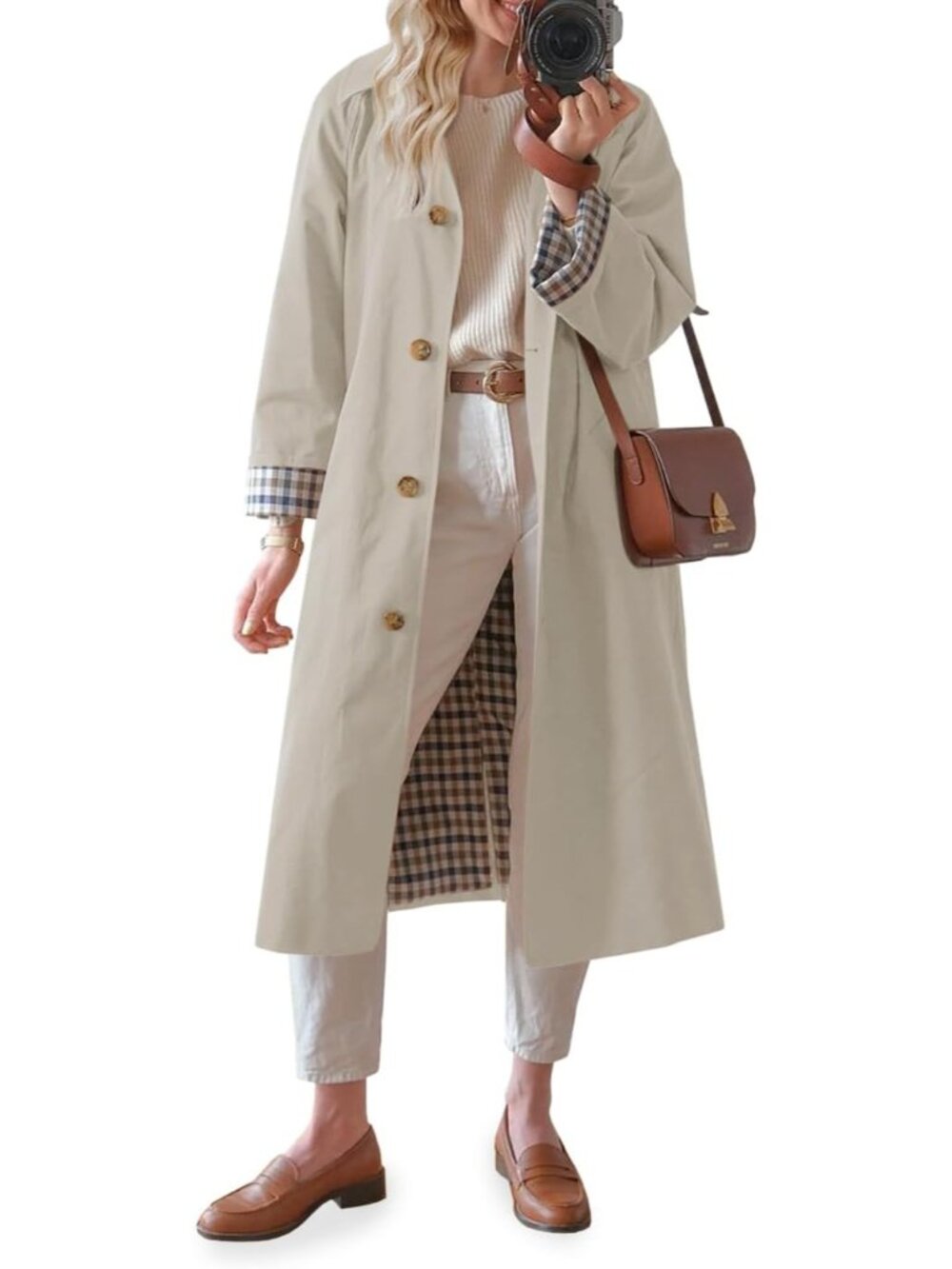 Women's Khaki Long Sleeve Oversized Single Breasted Windproof Winter Trench Coat